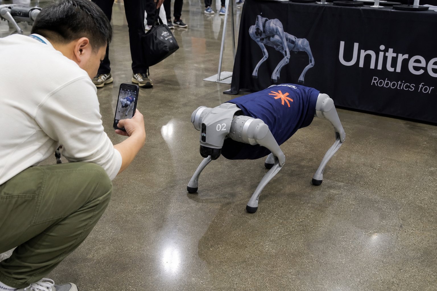 Someone crouching to photograph a robot dog in a navy logo shirt.